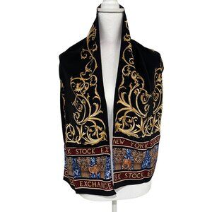 Voslo Designs NYSE Stock Exchange 100% Silk Scarf Black W/ Gold Scroll & Bull/Be